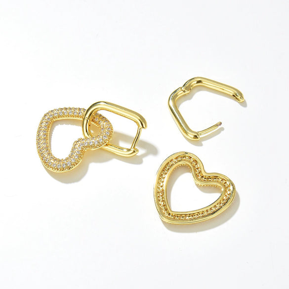 Elegant Copper Geometric Star And Heart Zircon Earrings With Diamond Cut Finish For Women