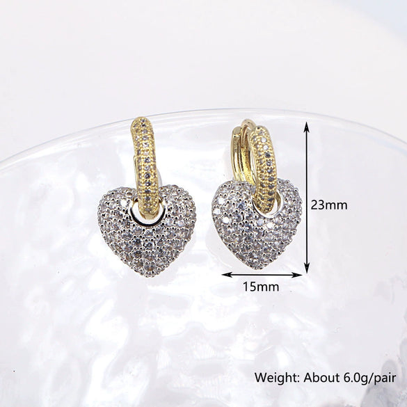 Elegant Copper Heart Shaped Micro Pave Zircon Earrings Sweet Simple Heart Pattern Earrings For Women