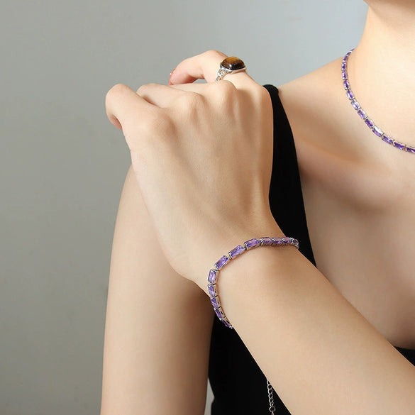 Elegant Creative Fashion Crystal Clear Purple Green White Zircon Titanium Steel Jewelry Necklace Bracelet Suit With Electroplating