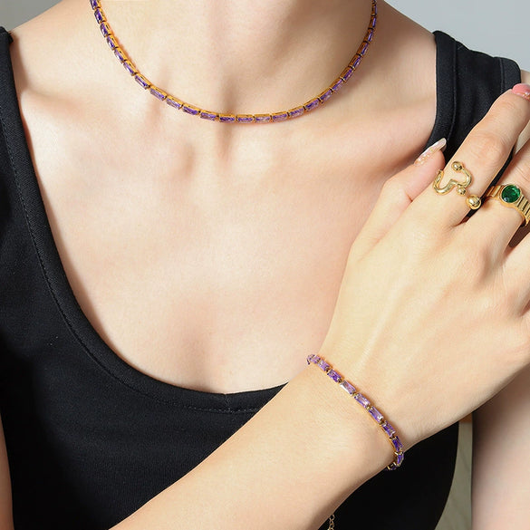 Elegant Creative Fashion Crystal Clear Purple Green White Zircon Titanium Steel Jewelry Necklace Bracelet Suit With Electroplating