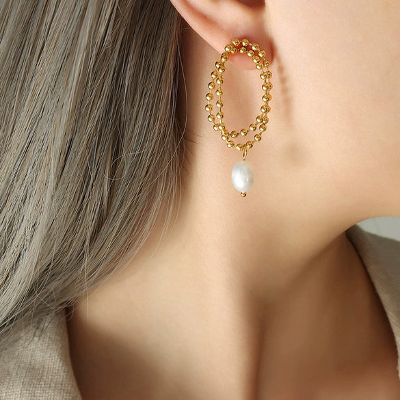 Elegant Double Layer Tassel Earrings For Women With Freshwater Pearl Rice Bead Chain Geometric Titanium Steel Electroplated Design