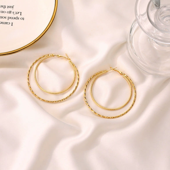Elegant Double Ring Earrings For Women Alloy Electroplated Simple Geometric Fashion All Match Piercing Earrings
