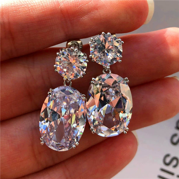 Elegant Eggshaped Electroplated Metal Zircon Earrings With Rhombus Pattern And Multiple Color Options