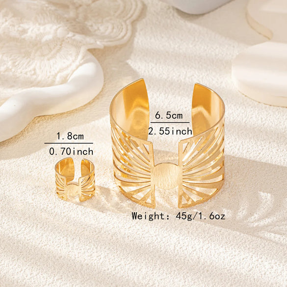 Elegant Exaggerated Lady Geometric Lines Alloy Hollow Out 14K Gold Plated Women'S Rings Bracelets Jewelry Set