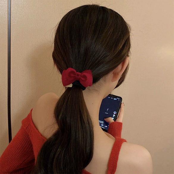 Elegant Flannel Heart Bow Hair Band Handmade Simple Versatile Lotus Root Rope Style Hair Accessory For Women