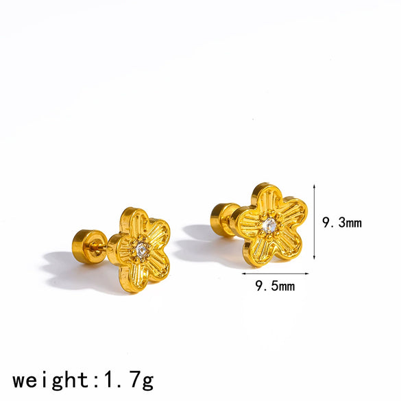 Elegant Floral Stainless Steel Stud Earrings For Women With Vacuum Gold Plated Finish And Diamond Inlay