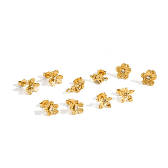Elegant Floral Stainless Steel Stud Earrings For Women With Vacuum Gold Plated Finish And Diamond Inlay