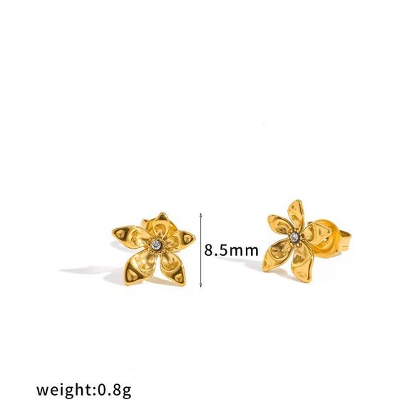 Elegant Floral Stainless Steel Stud Earrings For Women With Vacuum Gold Plated Finish And Diamond Inlay