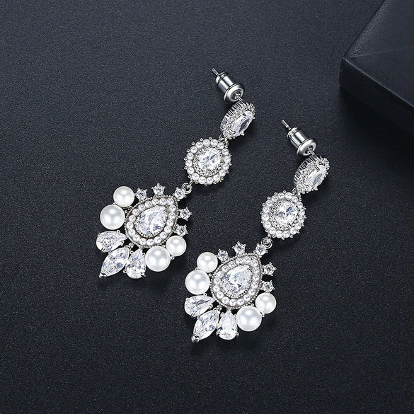 Elegant Flower Copper Zircon Pearl Earrings Fashion Jewelry For Women With Electroplated Finish