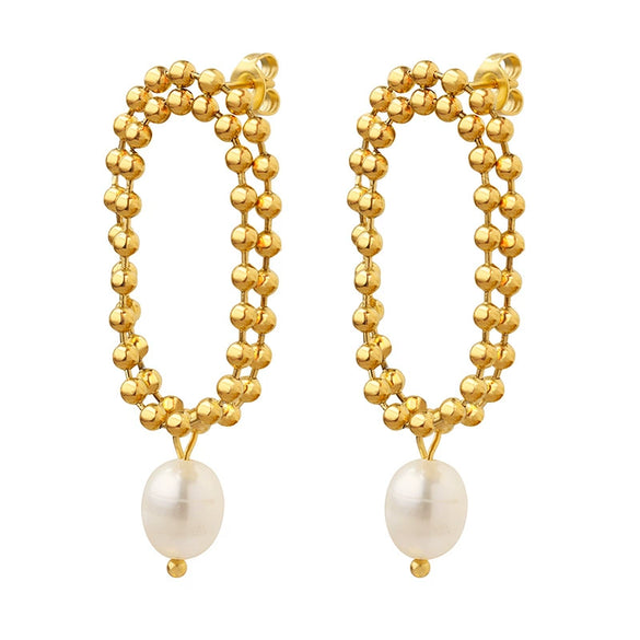 Elegant Freshwater Pearl Double Stud Chain Earrings For Women In Electroplated Titanium Steel Geometric All Match Style