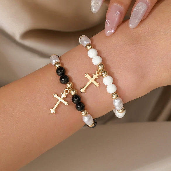 Elegant Geometric Cross Pendant Alloy Black Diamond Imitation Pearl Beaded Handmade Bracelet For Men