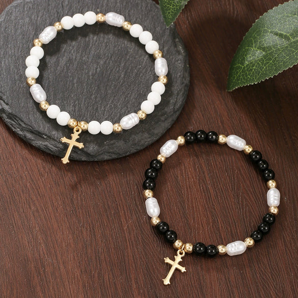 Elegant Geometric Cross Pendant Alloy Black Diamond Imitation Pearl Beaded Handmade Bracelet For Men