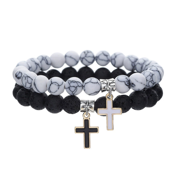 Elegant Geometric Cross Pendant Alloy Black Diamond Imitation Pearl Beaded Handmade Bracelet For Men