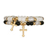 Elegant Geometric Cross Pendant Alloy Black Diamond Imitation Pearl Beaded Handmade Bracelet For Men