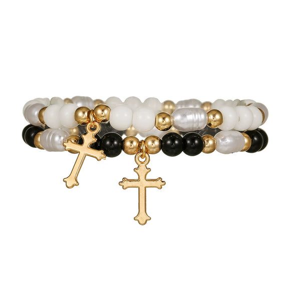 Elegant Geometric Cross Pendant Alloy Black Diamond Imitation Pearl Beaded Handmade Bracelet For Men