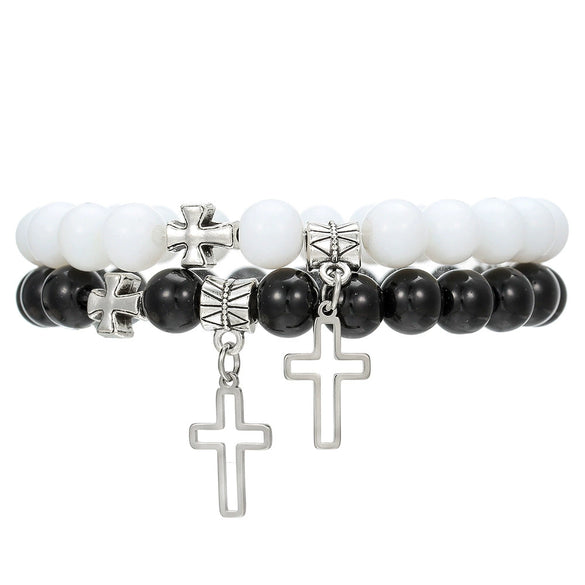 Elegant Geometric Cross Pendant Alloy Black Diamond Imitation Pearl Beaded Handmade Bracelet For Men