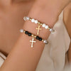 Elegant Geometric Cross Pendant Alloy Black Diamond Imitation Pearl Beaded Handmade Bracelet For Men