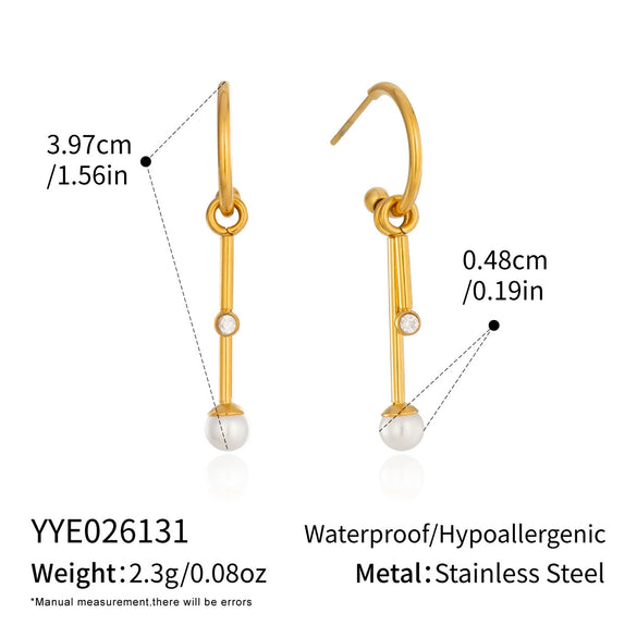 Elegant Geometric Cshaped Detachable Tassel Earrings With Zircon And Pearl Accents Stainless Steel Posts And Vacuum Gold Pvd Plating