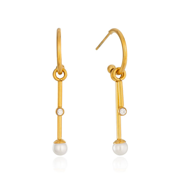 Elegant Geometric Cshaped Detachable Tassel Earrings With Zircon And Pearl Accents Stainless Steel Posts And Vacuum Gold Pvd Plating