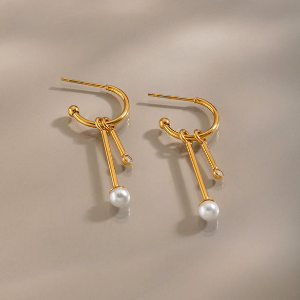 Elegant Geometric Cshaped Detachable Tassel Earrings With Zircon And Pearl Accents Stainless Steel Posts And Vacuum Gold Pvd Plating