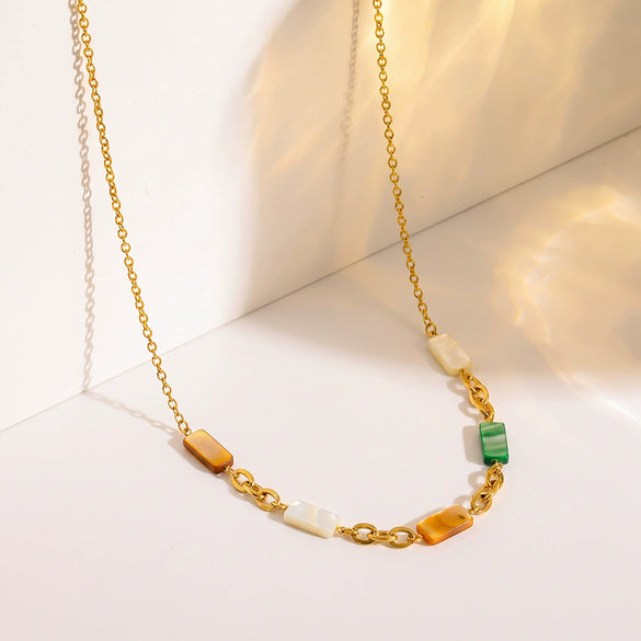 Elegant Geometric Shell Inlay Gold Plated Stainless Steel Necklace And Bracelet Set For Women