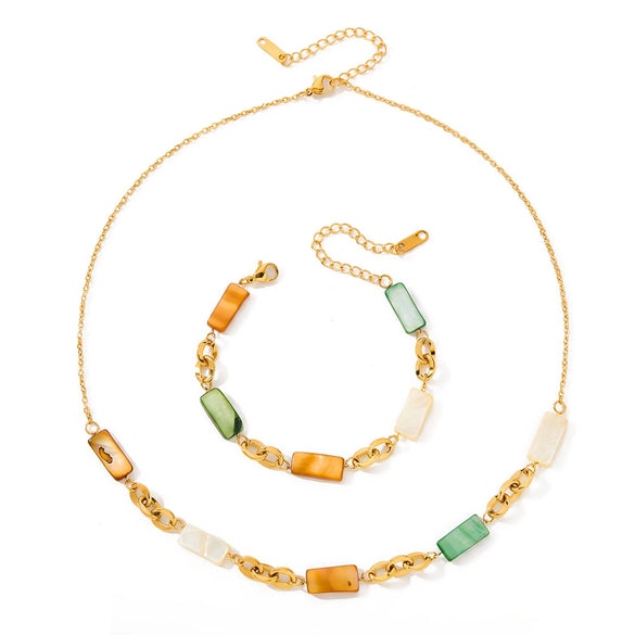 Elegant Geometric Shell Inlay Gold Plated Stainless Steel Necklace And Bracelet Set For Women