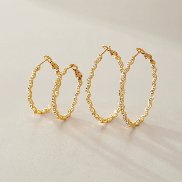 Elegant Geometric Stainless Steel Rhinestone Wave Circle Ear Clips For Women Electroplated Sparkling High End Earrings Wholesale