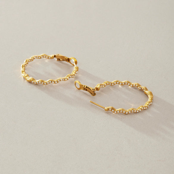 Elegant Geometric Stainless Steel Rhinestone Wave Circle Ear Clips For Women Electroplated Sparkling High End Earrings Wholesale