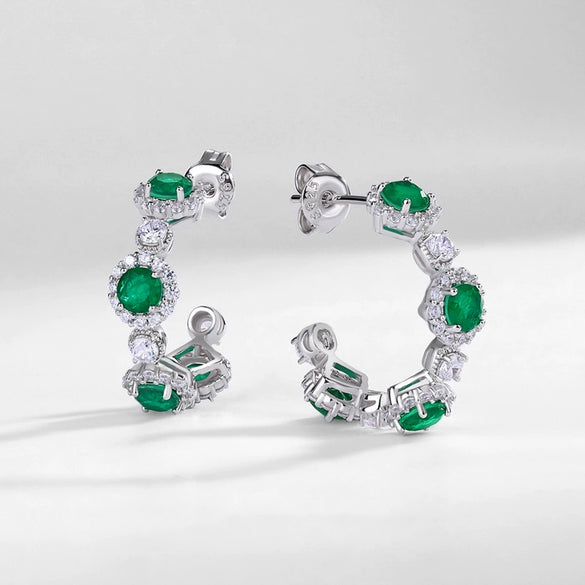 Elegant Geometric Synthetic Emerald Earrings 925 Silver With Diamond Design