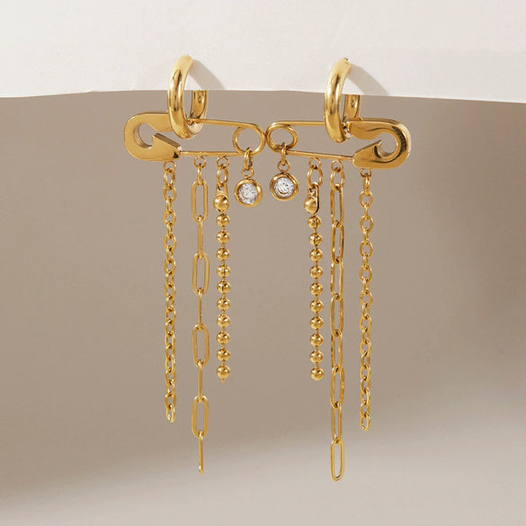 Elegant Geometric Tassel Zircon Earrings For Women Stainless Steel Titanium Steel Stud Earrings Vacuum Gold Plated