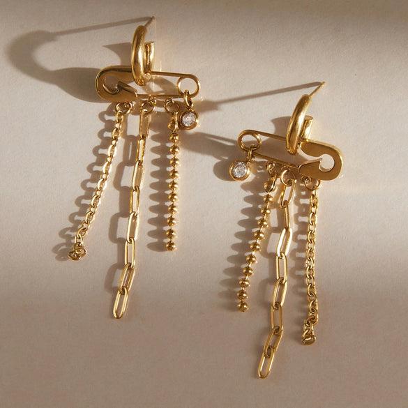 Elegant Geometric Tassel Zircon Earrings For Women Stainless Steel Titanium Steel Stud Earrings Vacuum Gold Plated