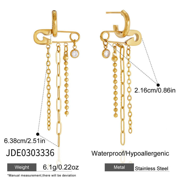 Elegant Geometric Tassel Zircon Earrings For Women Stainless Steel Titanium Steel Stud Earrings Vacuum Gold Plated