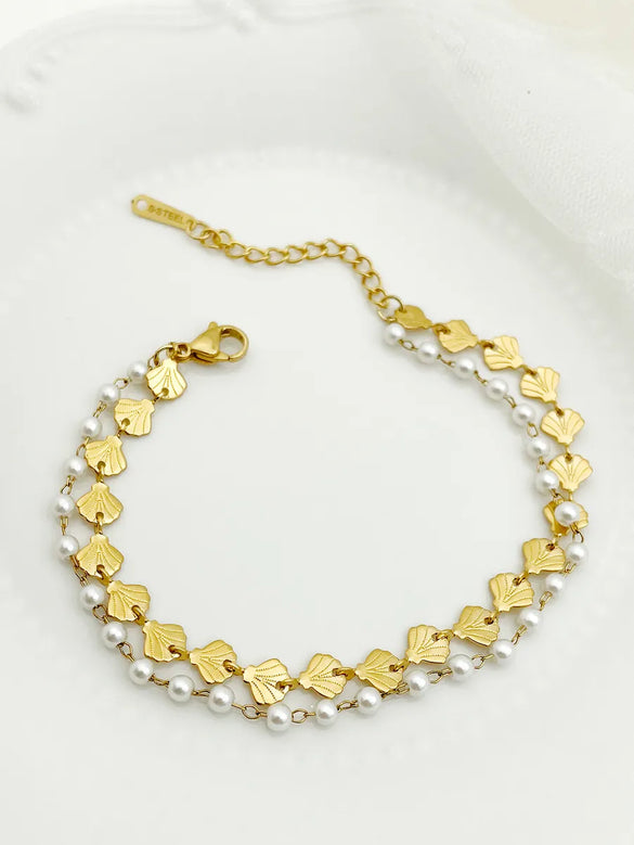 Elegant Ginkgo Leaf 304 Stainless Steel Gold Plated Pearl Bracelets In Bulk
