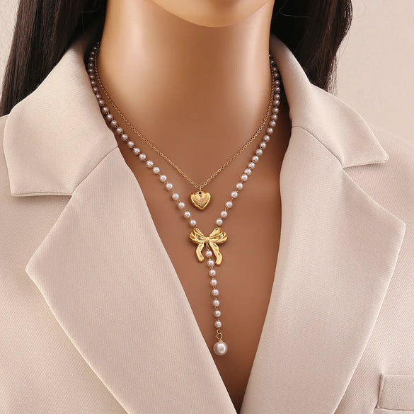 Elegant Glam Heart Shape Pearl Bow Knot 304 Stainless Steel Imitation Pearl Plating 18K Gold Plated Women'S Jewelry Set