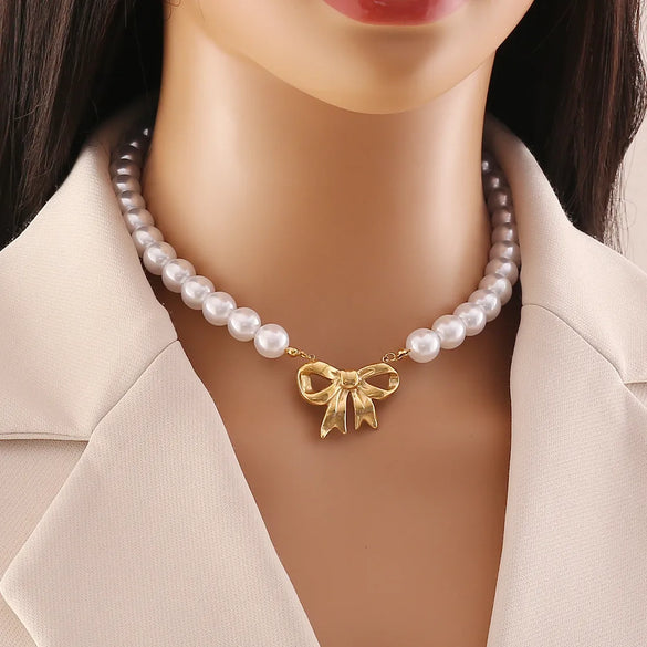 Elegant Glam Heart Shape Pearl Bow Knot 304 Stainless Steel Imitation Pearl Plating 18K Gold Plated Women'S Jewelry Set