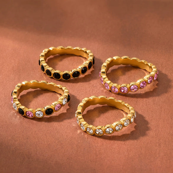 Elegant Gold Plated Stainless Steel Geometric Ring With Zircon Setting For Women Fashion Jewelry