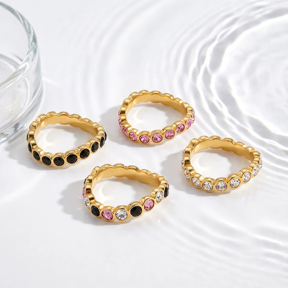 Elegant Gold Plated Stainless Steel Geometric Ring With Zircon Setting For Women Fashion Jewelry