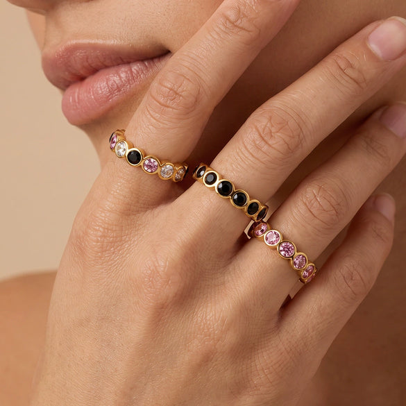 Elegant Gold Plated Stainless Steel Geometric Ring With Zircon Setting For Women Fashion Jewelry