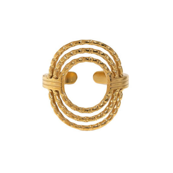 Elegant Gold Plated Stainless Steel Open Ring For Women With Geometric Circle Texture And Simple Versatile Style