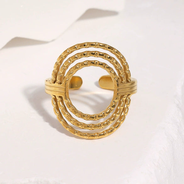 Elegant Gold Plated Stainless Steel Open Ring For Women With Geometric Circle Texture And Simple Versatile Style