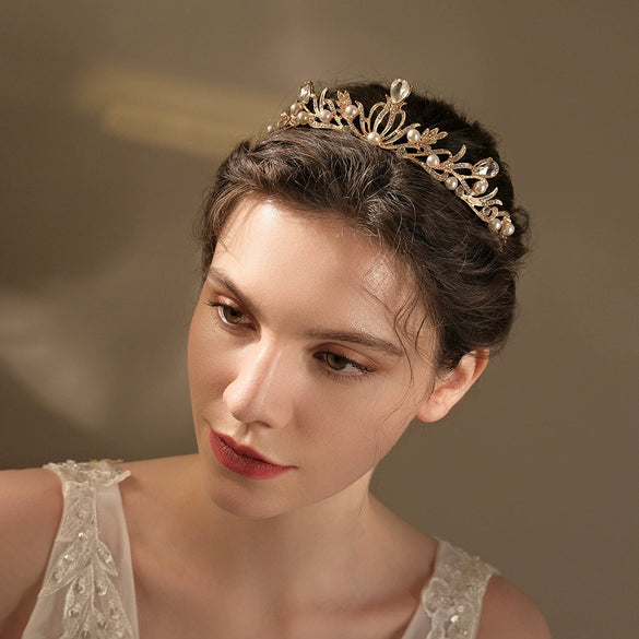 Elegant Gold Tone Rhinestone Pearl Bridal Crown Wedding Headpiece For Women And Formal Ceremony Accessories