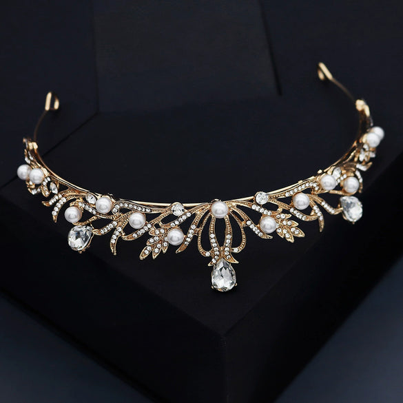 Elegant Gold Tone Rhinestone Pearl Bridal Crown Wedding Headpiece For Women And Formal Ceremony Accessories