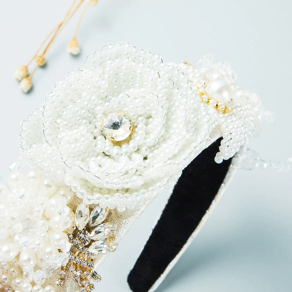 Elegant Handmade Pearl Beaded Headband With Rhinestone Flower Detail And Exaggerated Baroque Style For Women