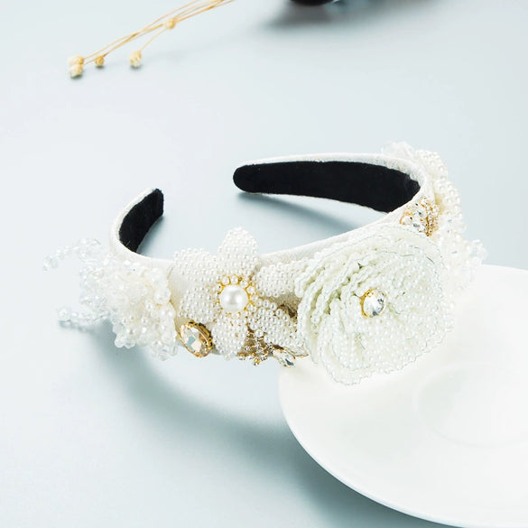 Elegant Handmade Pearl Beaded Headband With Rhinestone Flower Detail And Exaggerated Baroque Style For Women