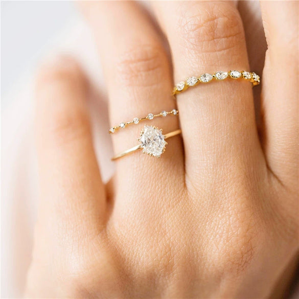 Elegant High End Stacked Gem Ring In Copper With Flower Hollow Thread And Oval Shape Electroplated For Women Geometric Style