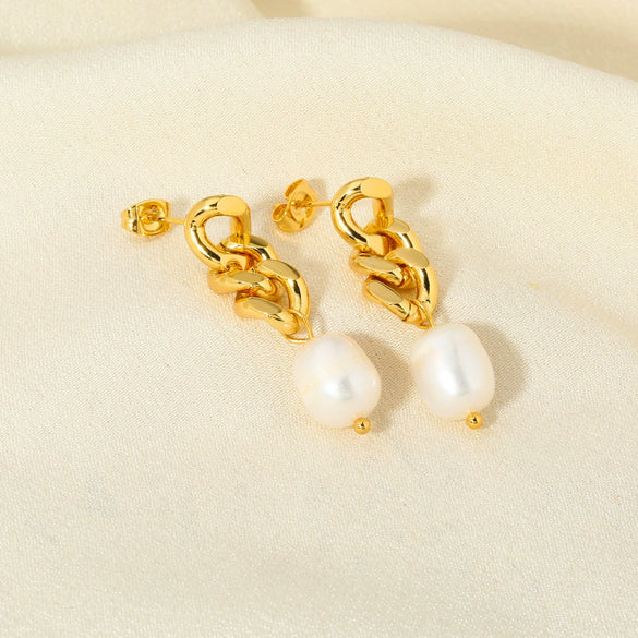 Elegant High Grade Women's Pendant Earrings With Stainless Steel Cuban Chain And Freshwater Pearl Geometric Styling 18K Gold Electroplated