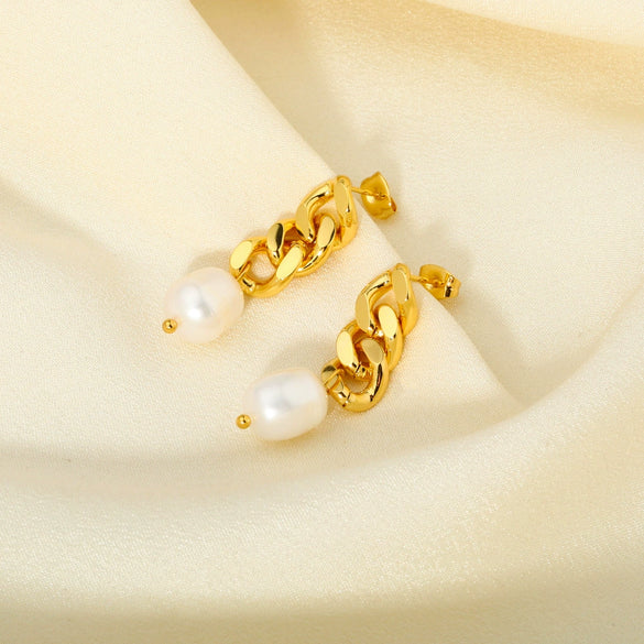 Elegant High Grade Women's Pendant Earrings With Stainless Steel Cuban Chain And Freshwater Pearl Geometric Styling 18K Gold Electroplated