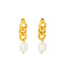 Elegant High Grade Women's Pendant Earrings With Stainless Steel Cuban Chain And Freshwater Pearl Geometric Styling 18K Gold Electroplated