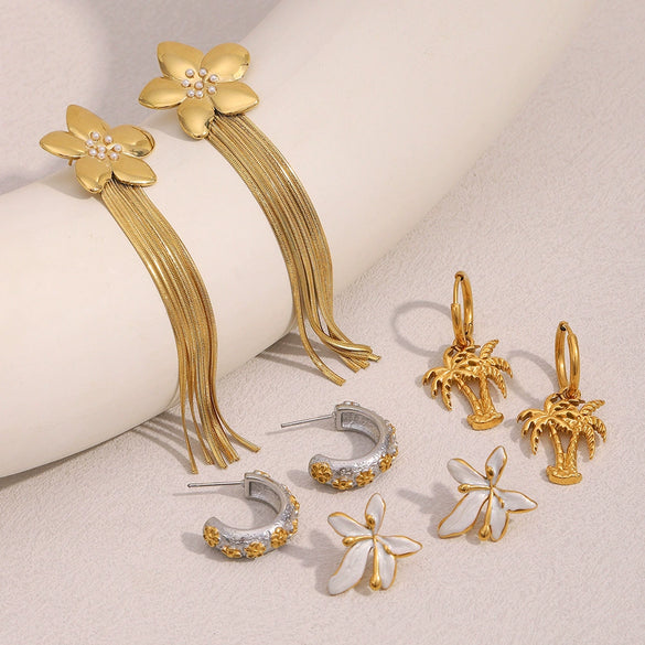 Elegant Highend Stainless Steel 18K Gold Plated Oil Dripping Tassel Flower Coconut Tree Earrings For Women