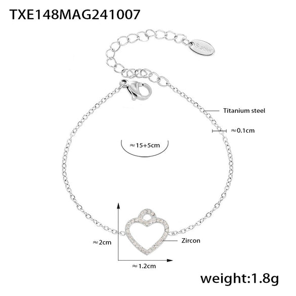 Elegant Hollow Love Collarbone Necklace And Bracelet Suit In Titanium Steel With Zircon Heart Pattern Electroplating For Women